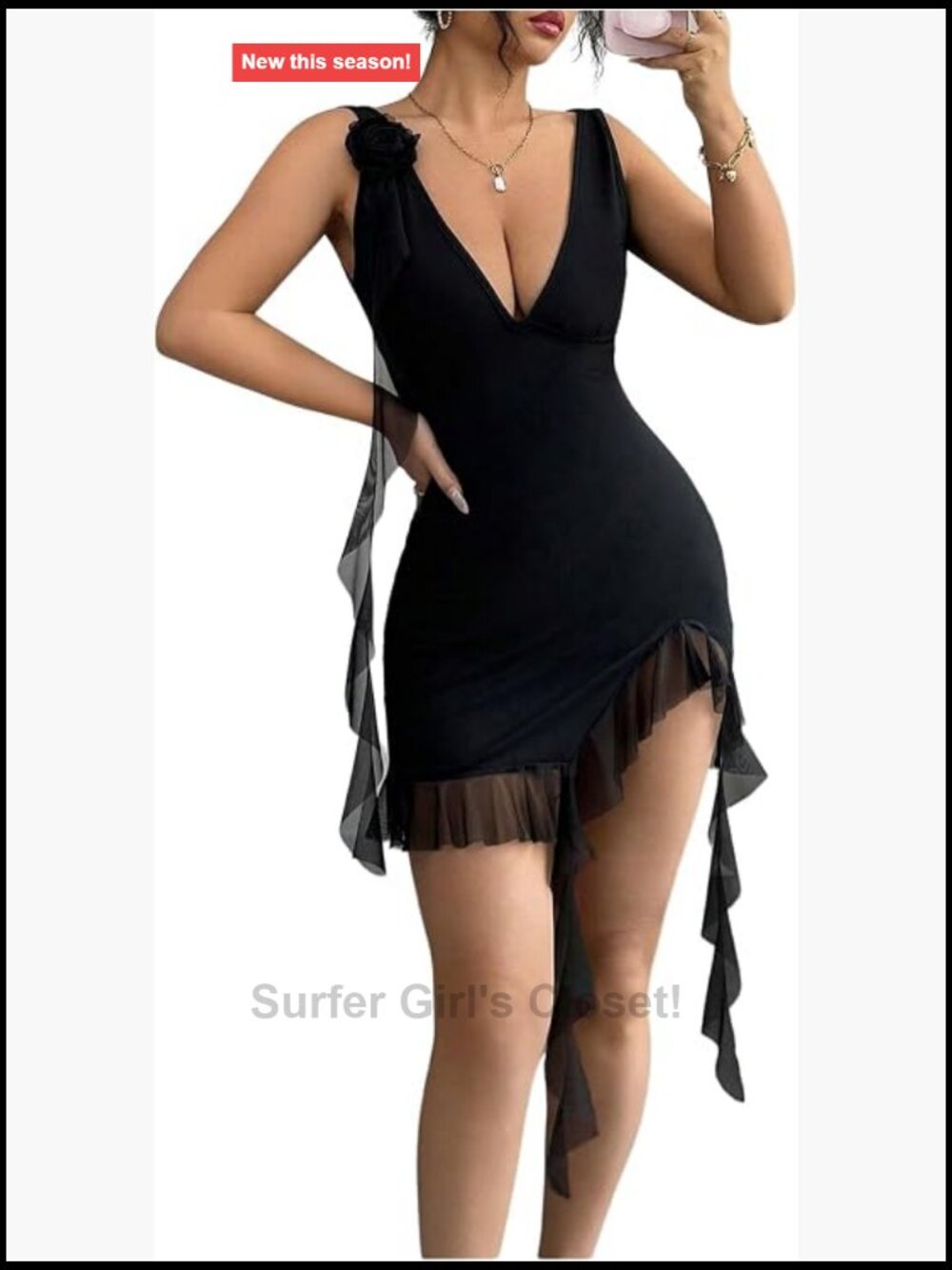 Sheer 3D Floral Ruffle Bodycon Mini Dress V-Neck Sleeveless Party Clubwear